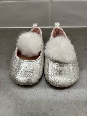 Little Me Silver Baby Shoes with White Pom Poms size 3